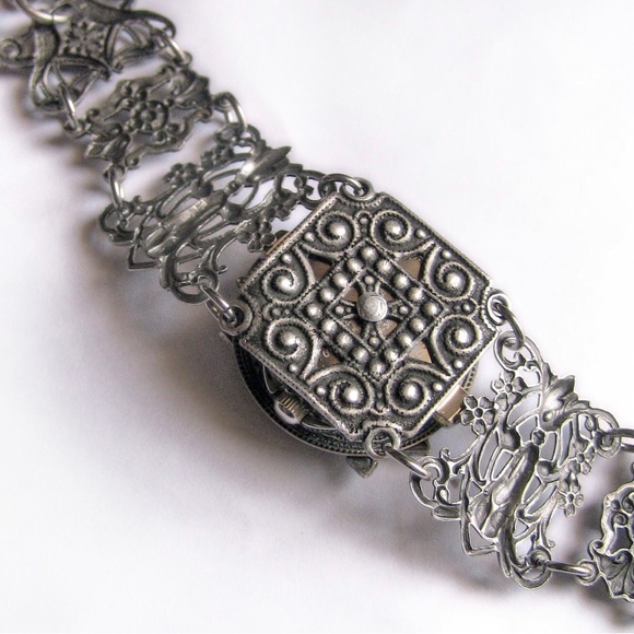 Silver Filagree Wrist Watch Bracelet w/Aquamarine Swarovski Crystals - Picture 4 of 7